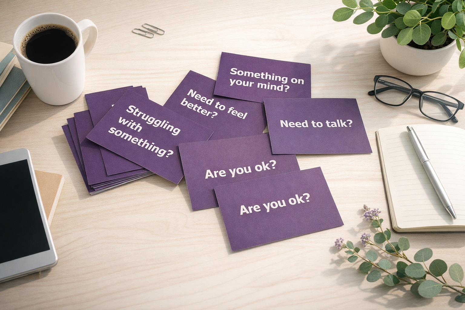 Purple cards in a pile with white writing with encouraging words like Are you ok? Need to talk? Strugglign with something?